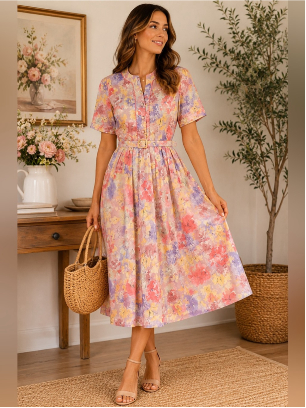 D’Allaird’s Vintage Pastel Floral Belted Midi Dress in Pink, Lavender Size L - Picture 1 of 11
